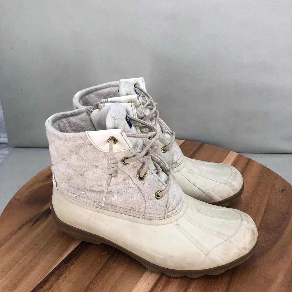 Sperry Saltwater Quilted Wool Duck Boots Ivory White Womens 7M Rain Lace Up
